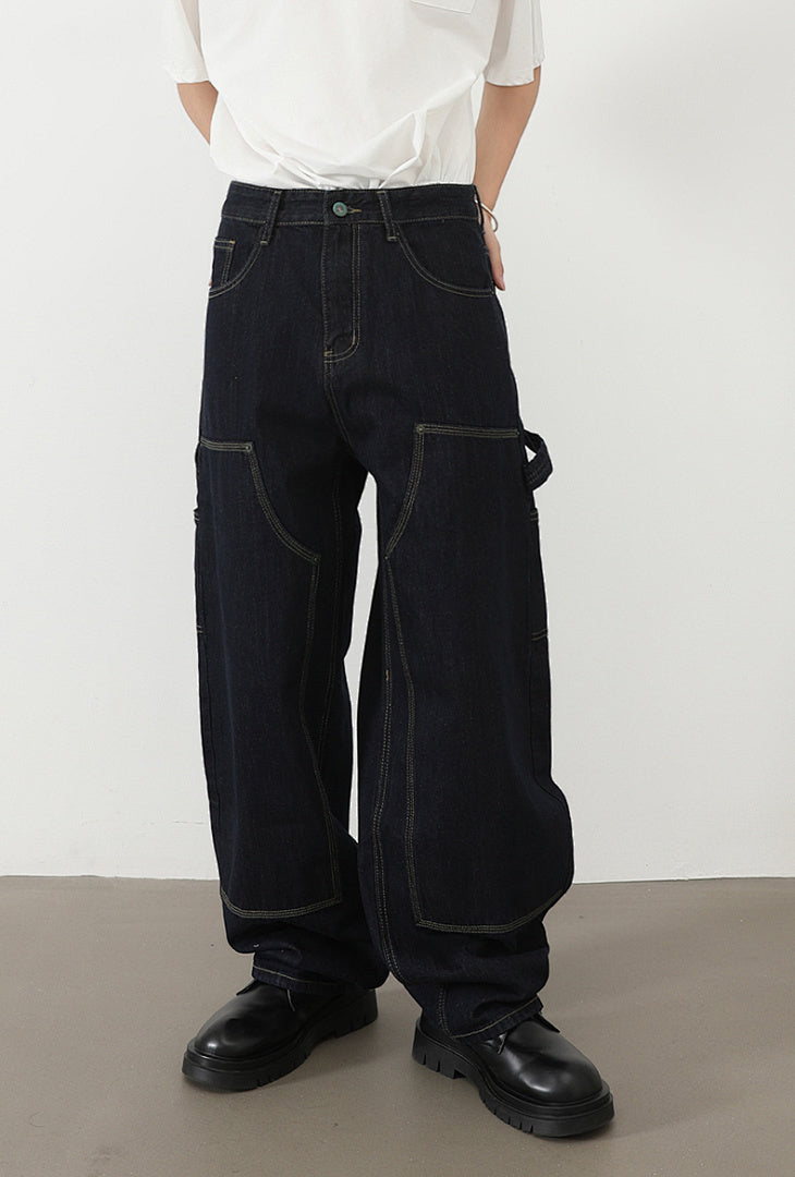 بنطلون جينز رجالي واسع الساق بلون داكن