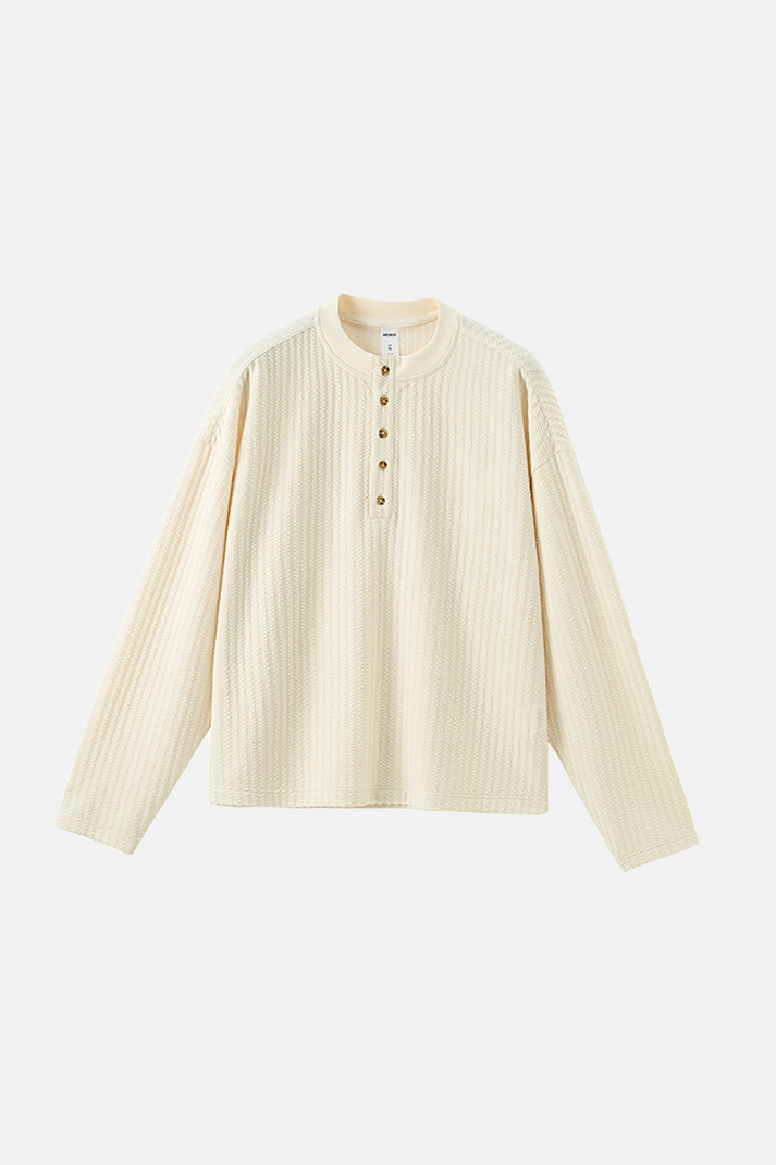 قميص هنلي رجالي بأكمام طويلة ومحبوك - أبيض فاتح