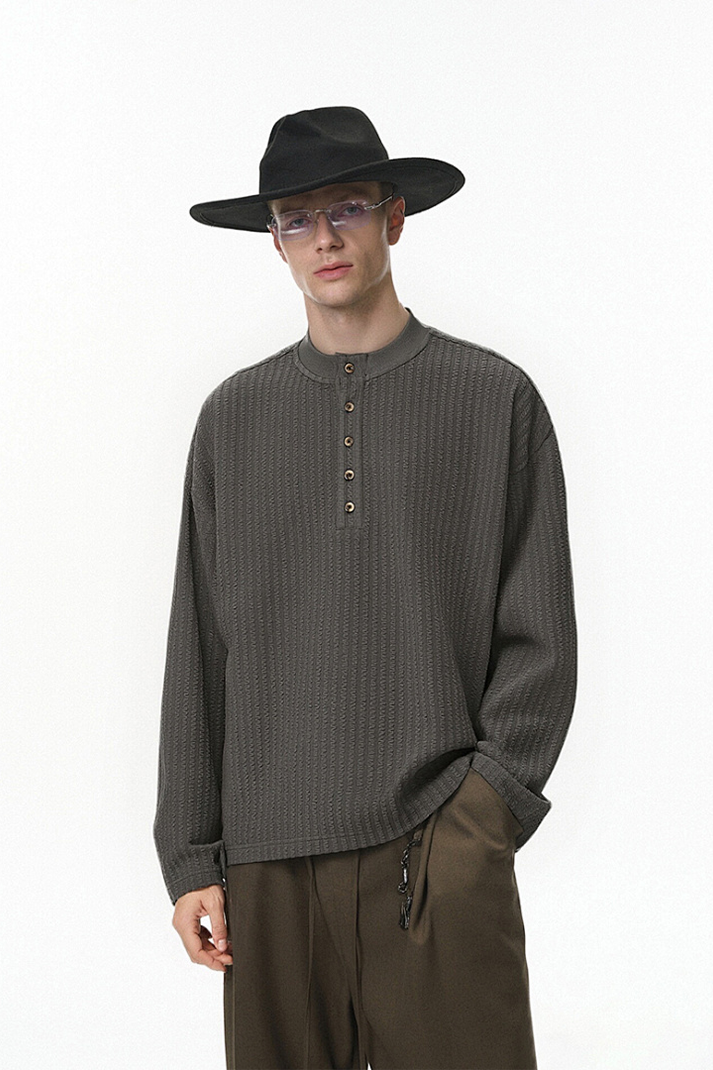 قميص هنلي رجالي بأكمام طويلة محبوك ومحكم - رمادي فحمي