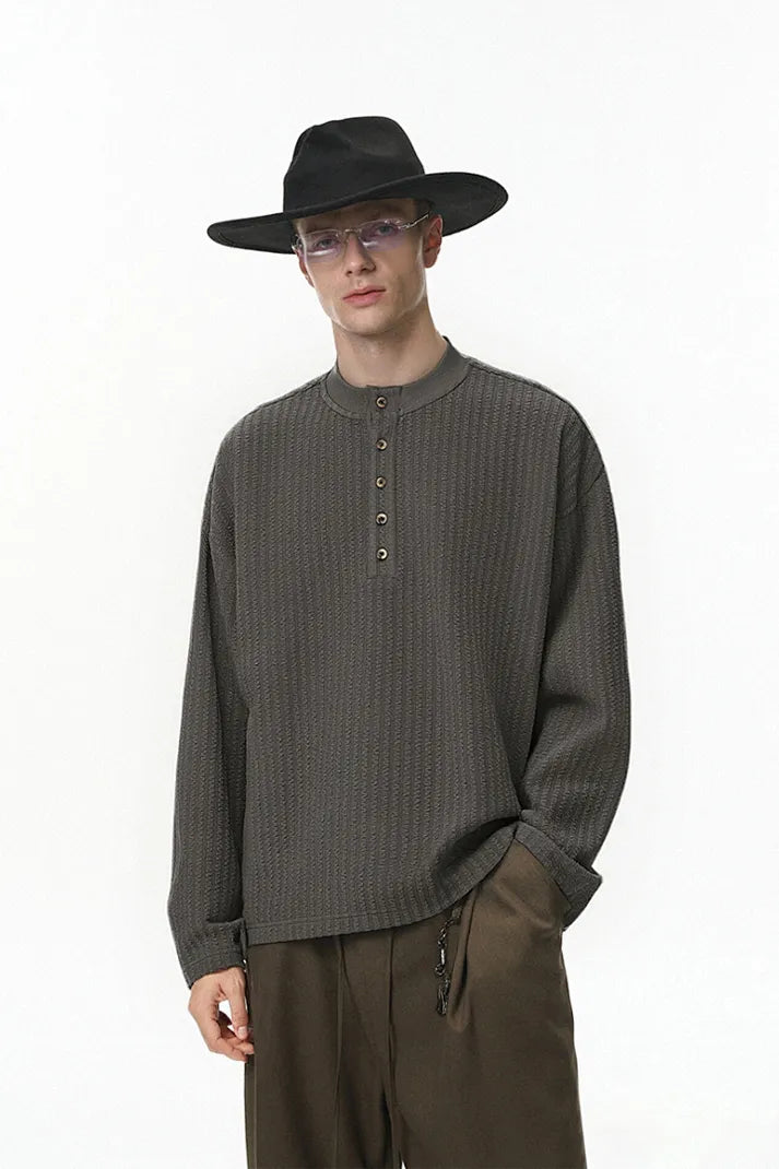 Men's Textured Knit Long Sleeve Henley - Charcoal Grey