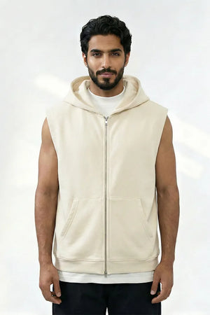 Men's Zip-Up Sleeveless Hoodie - Cream