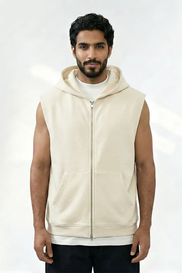 Men's Zip-Up Sleeveless Hoodie - Cream