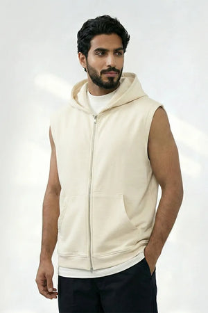 Men's Zip-Up Sleeveless Hoodie - Cream
