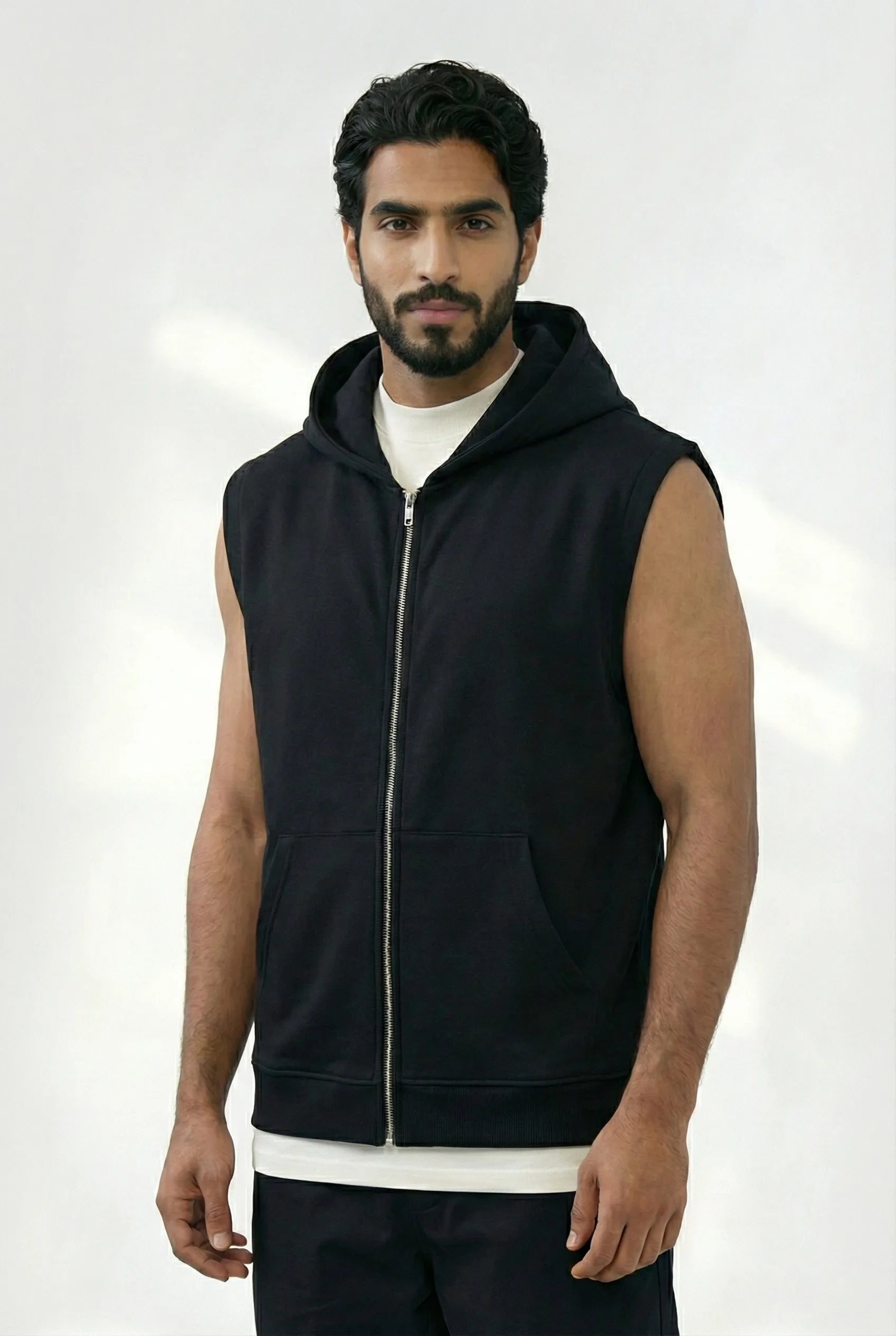 Men's Zip-Up Sleeveless Hoodie - Black
