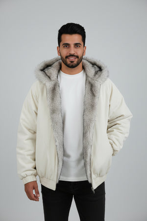 Men’s Winter Fur-Lined Hooded Jacket - Off White