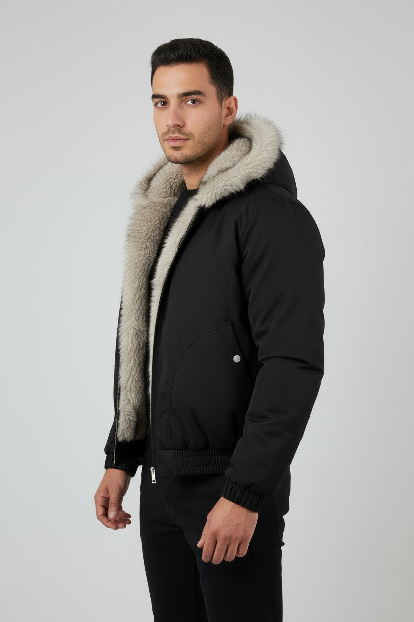 Men’s Winter Fur-Lined Hooded Jacket - Black