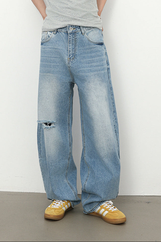 بنطلون جينز رجالي واسع الساق واشد خفيف