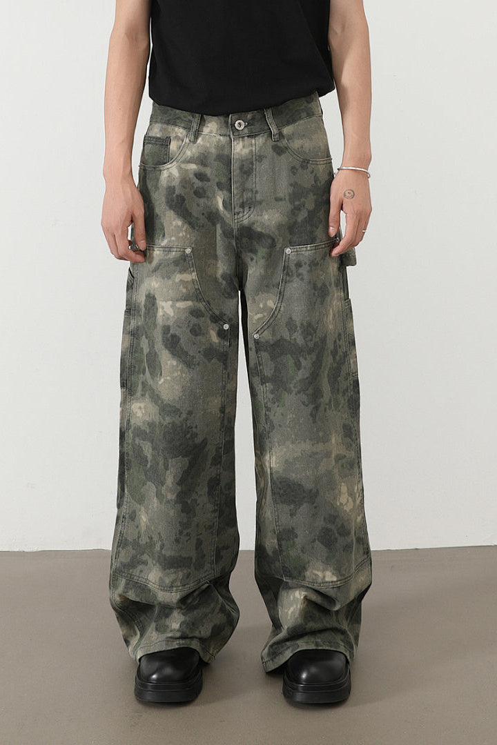 بنطال جينز رجالي واسع الساق مموه