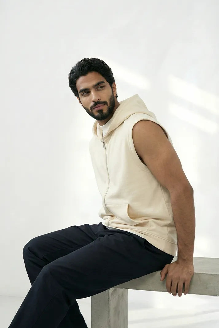 Men's Zip-Up Sleeveless Hoodie - Cream