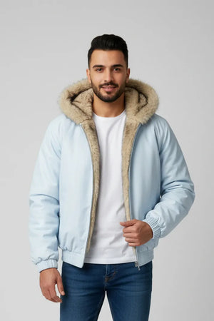 Men’s Winter Fur-Lined Hooded Jacket - Light Blue