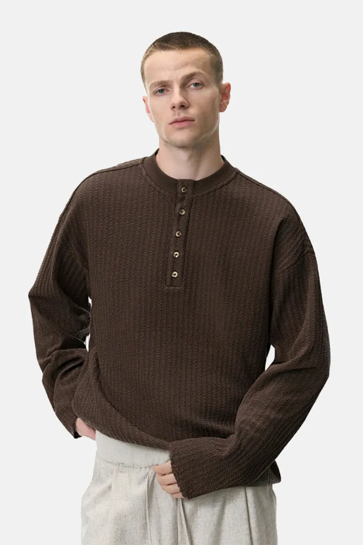 Men's Textured Knit Long Sleeve Henley - Charcoal Brown