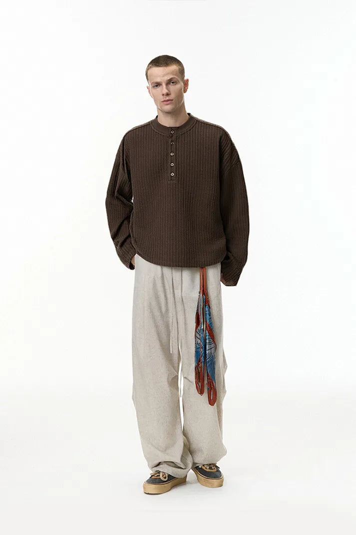 Men's Textured Knit Long Sleeve Henley - Charcoal Brown