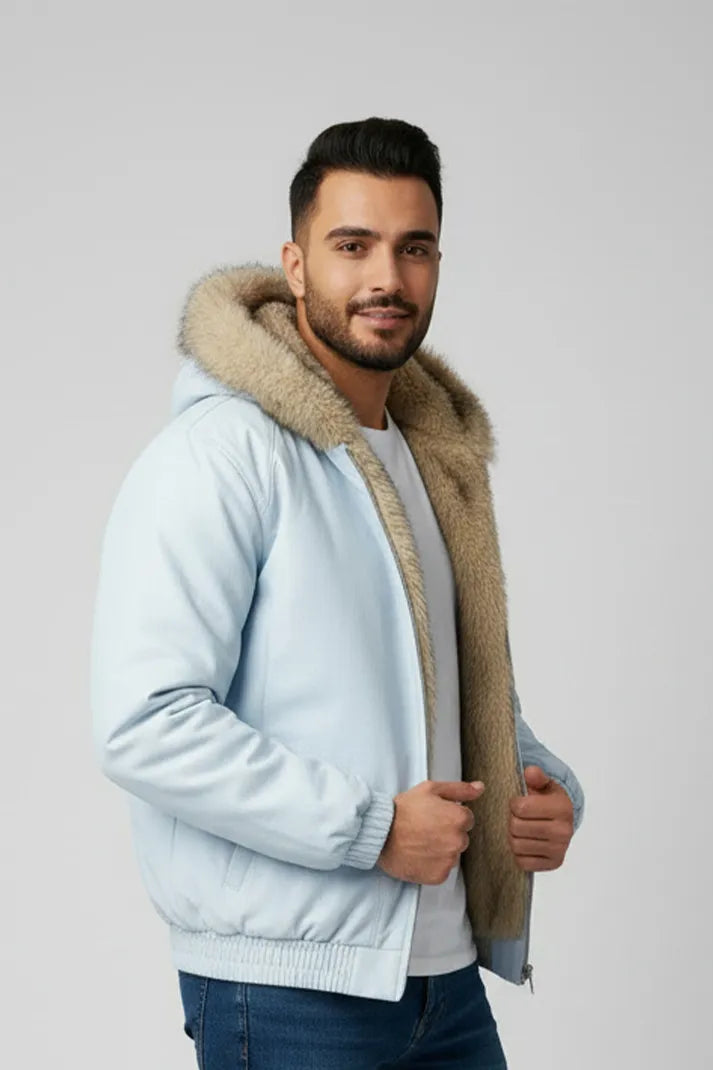 Men’s Winter Fur-Lined Hooded Jacket - Light Blue