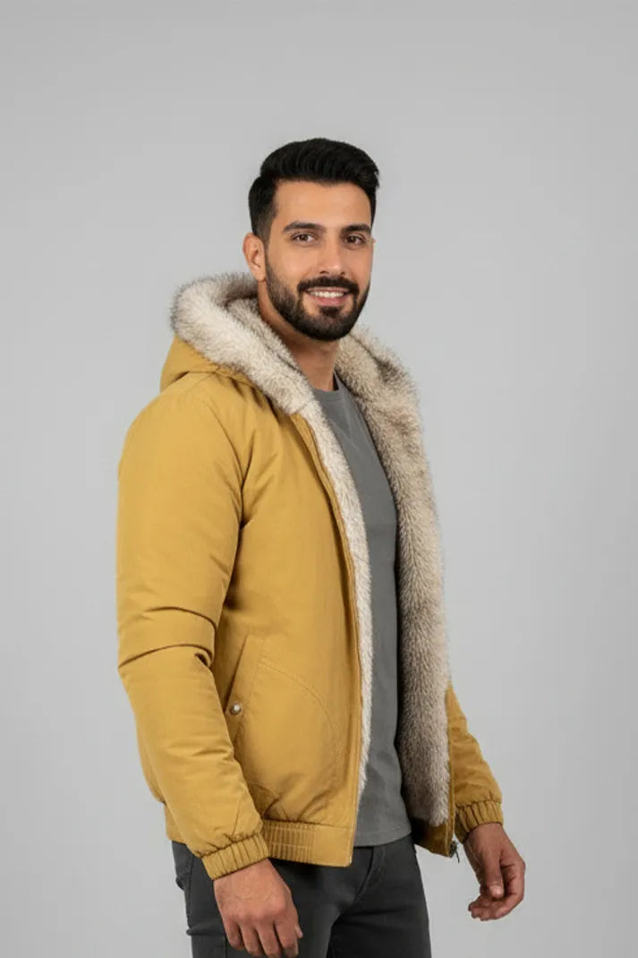 Men’s Winter Fur-Lined Hooded Jacket - Gold