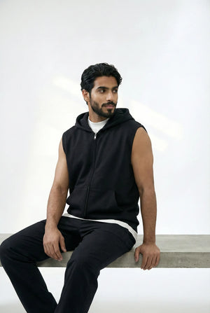 Men's Zip-Up Sleeveless Hoodie - Black