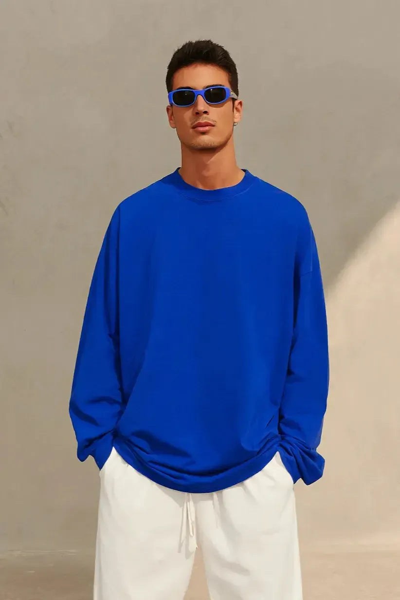Long Sleeve Oversized T-Shirt 100% Cotton - Blue